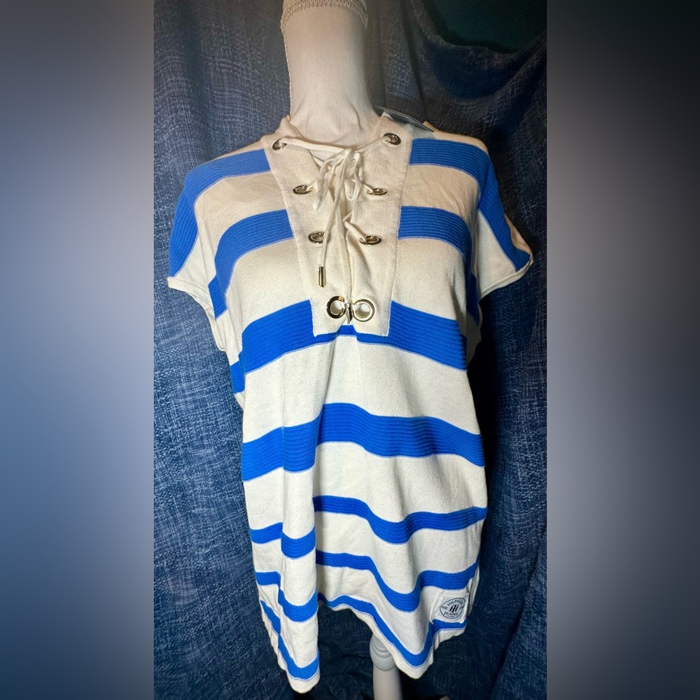 Tommy Hilfiger White and Blue Lace-Up Striped Knit Top